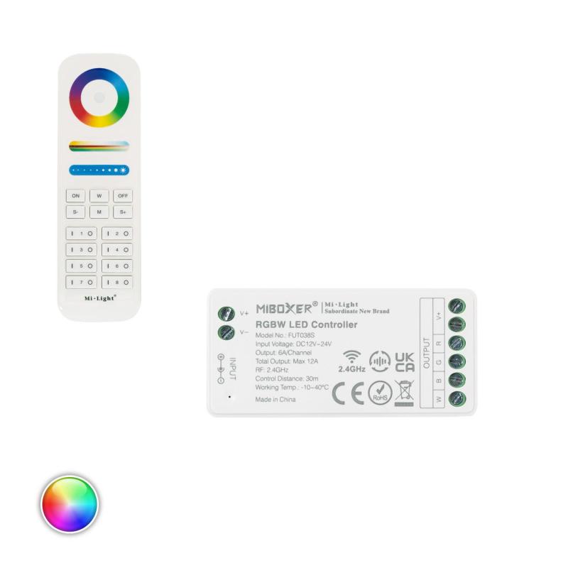 Produto de Controlador Regulador RGBW 12/24V DC + Controlo RF 8 Zonas MiBoxer