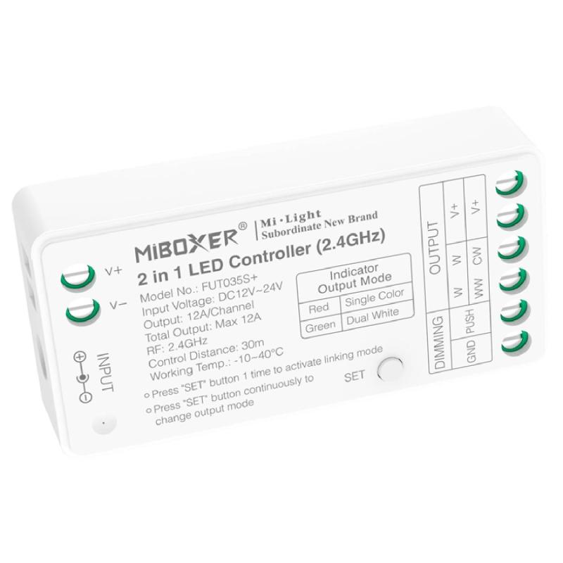 Producto de Controlador Regulador LED Monocolor/CCT 12/24V DC MiBoxer FUT035S+ Compatible con Pulsador