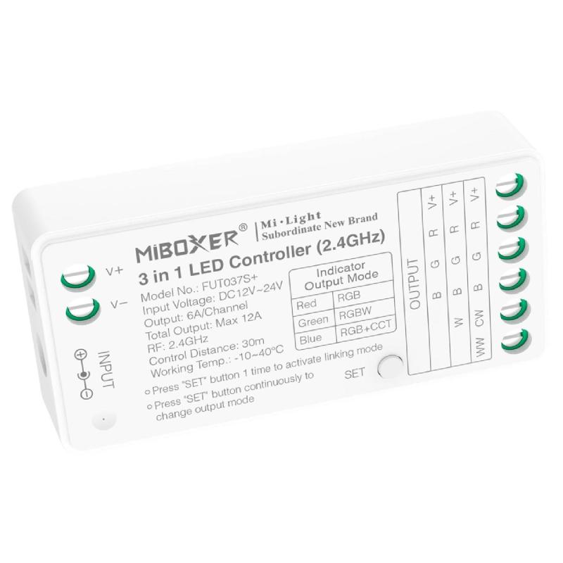 Produto de Controlador Regulador 3 en 1 LED RGB/RGBW/RGB+CCT 12/24V DC MiBoxer FUT037S+ 