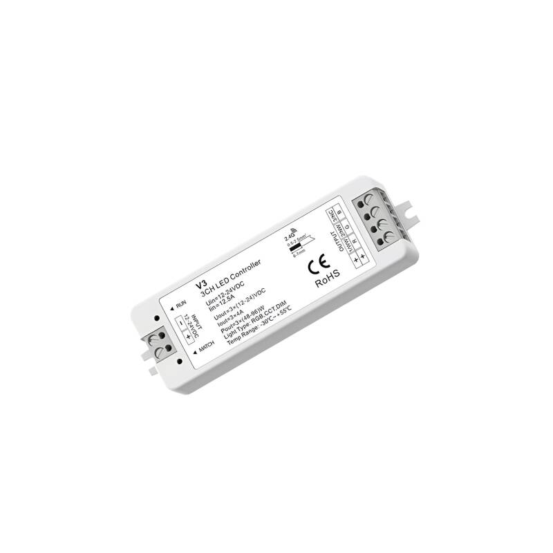 Produto de Controlador Regulador Fita LED 12-24V DC para Fita LED Monocor/CCT/RGB compatível com Comando RF