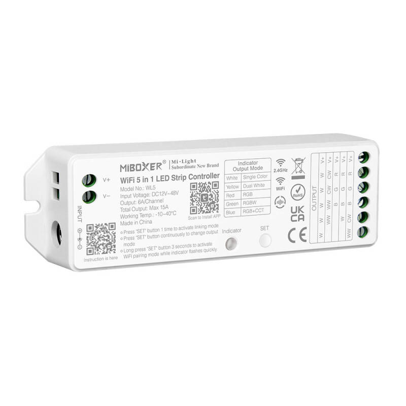 Produto de Controlador Regulador LED WiFi 5 em 1 para fita Monocor/CCT/RGB/RGBW/RGBWW 12/24V DC MiBoxer