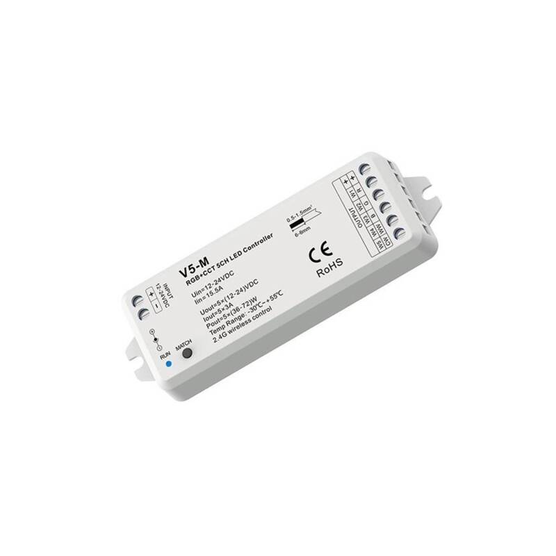 Produto de Controlador Regulador LED 12/24V DC para Fita LED RGBWW Compatível com Comando RF