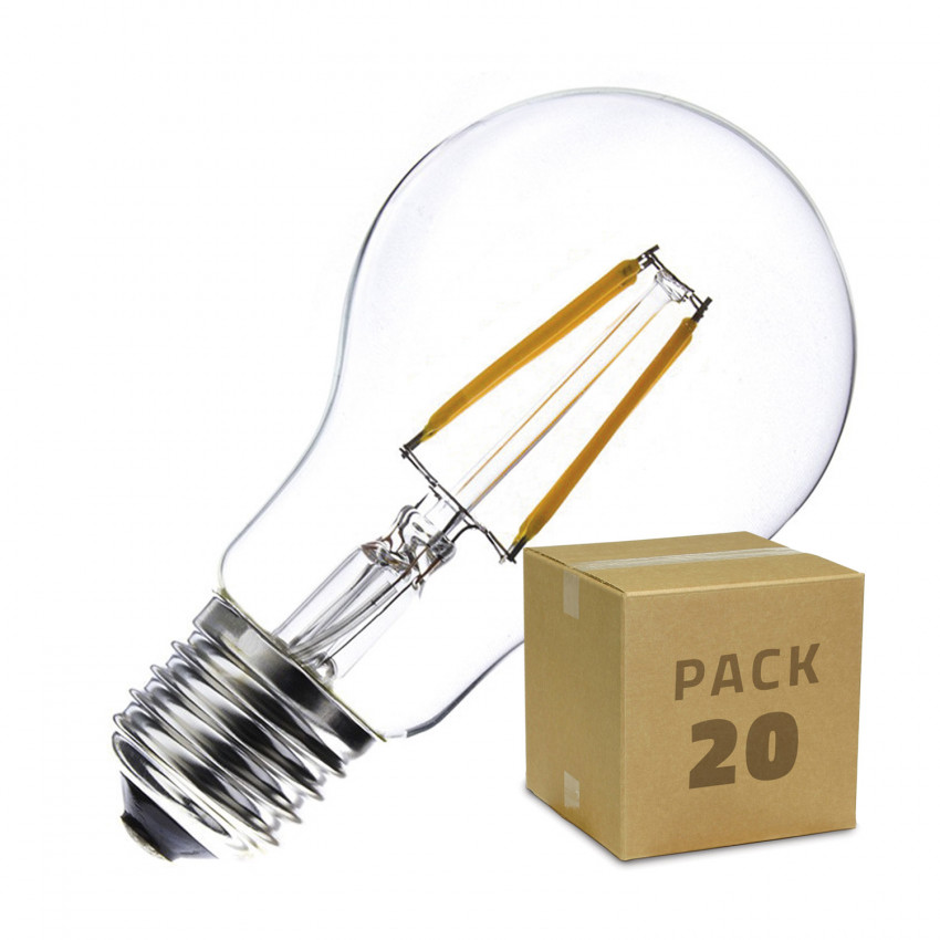 Caja de 20 Bombillas LED E27 Regulable Filamento Classic A60 6W Blanco Cálido