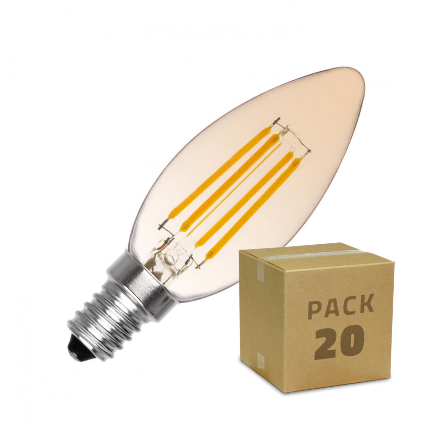 Caixa de 20 Lâmpadas LED E14 Regulável Filamento Classic Gold C35 3.5W Branco Quente