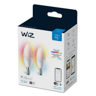 Produto de Pack 2 Lâmpadas Inteligentes LED E14 4.9W 470 lm C37 WiFi + Bluetooth Regulável RGB+CCT WIZ 