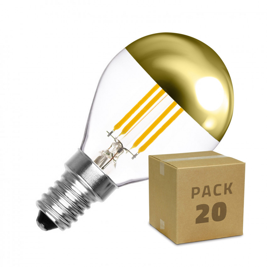Caja de 20 Bombillas LED E14 Regulable Filamento Gold Reflect G45 4W Blanco Cálido