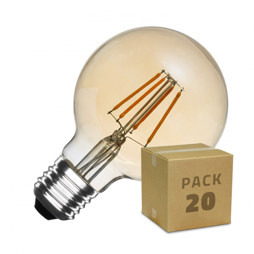 Caixa de 20 Lâmpadas LED E27 Regulável Filamento Gold Globo G80 5.5W Branco Quente