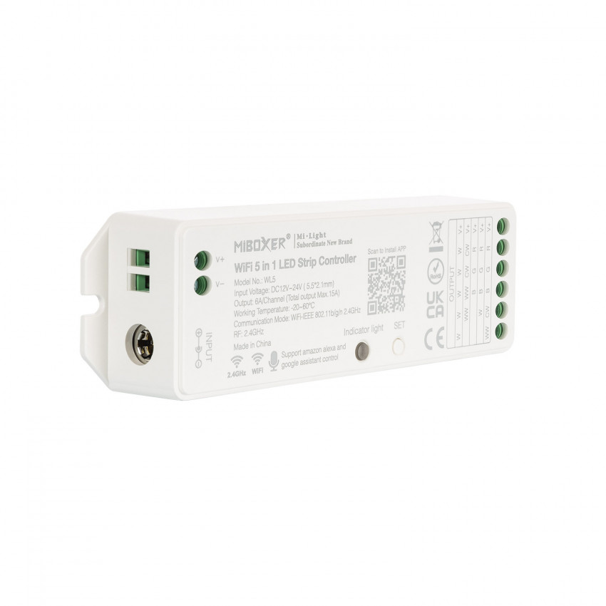 Controlador Regulador LED WiFi 5 en 1 para tira Monocolor/CCT/RGB/RGBW/RGBWW 12/24V DC MiBoxer