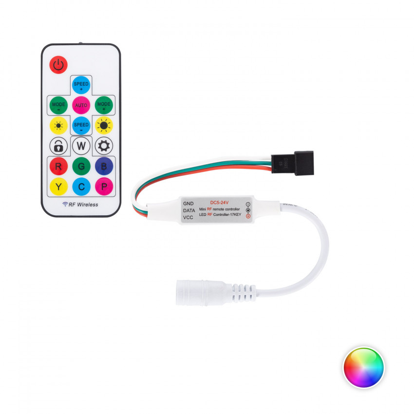 Controlador Regulador Mini Tira LED RGBIC Digital SPI 5-24V DC con Mando RF