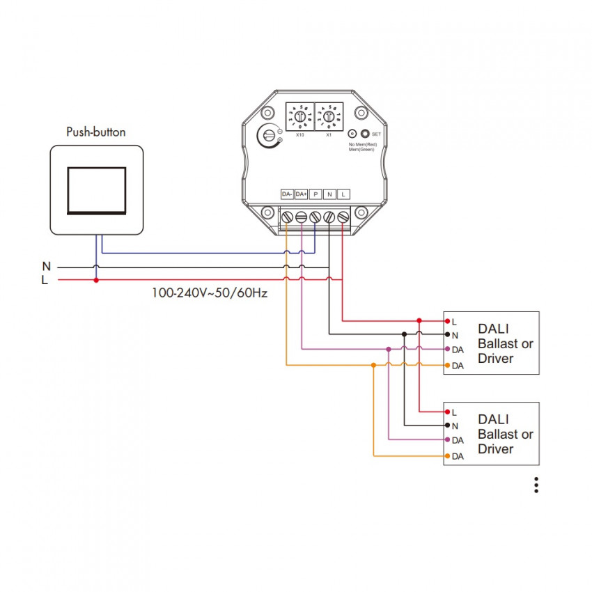 Produto de Controlador DALI de 1 canal compatível com botão de pressão