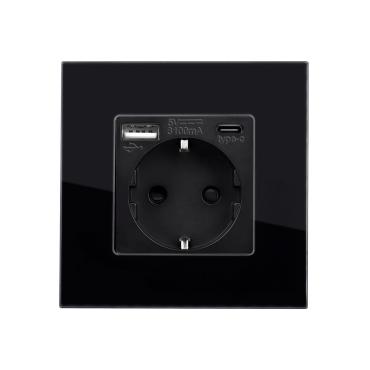 Ficha com USB Schuko Tipo F com Moldura Cristal Modern Branco